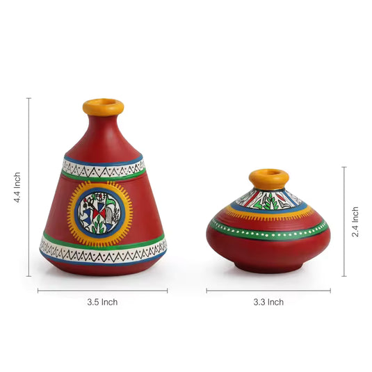 Terracotta Warli Handpainted Pots Red Set Of 2