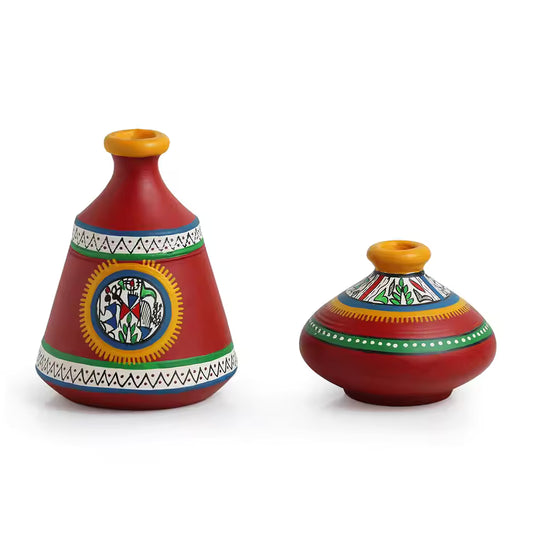 Terracotta Warli Handpainted Pots Red Set Of 2