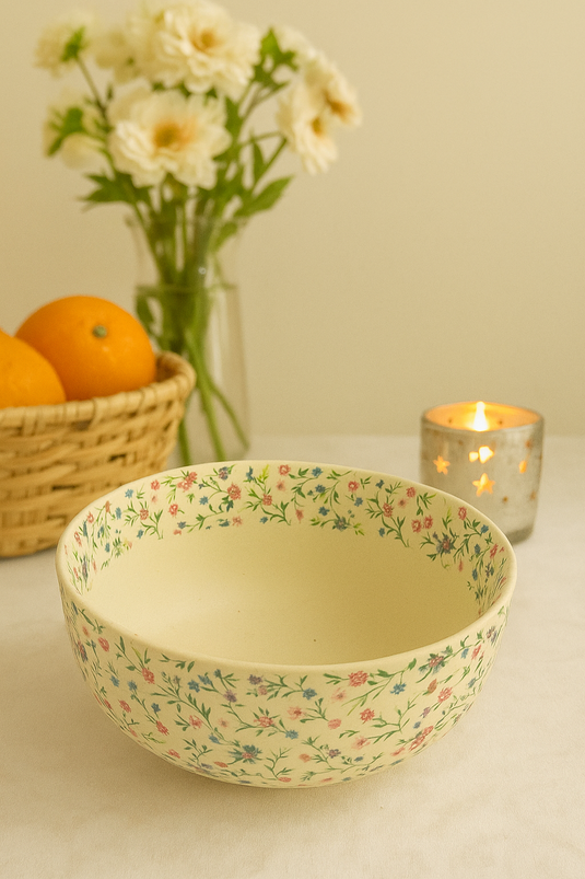 Handcrafted Floral Ceramic Serving Bowl| Sapphire Bloom Design Microwave Safe | Elegant Bowl for Daily Meals, Salads, Snacks & Hosting | Ceramic Kitchenware