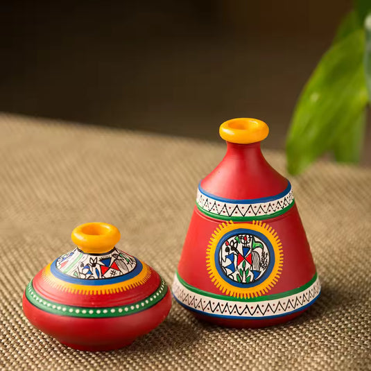 Terracotta Warli Handpainted Pots Red Set Of 2