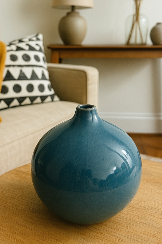 Teal vase on a wooden table in a living room setting with a couch and lamp in the background.